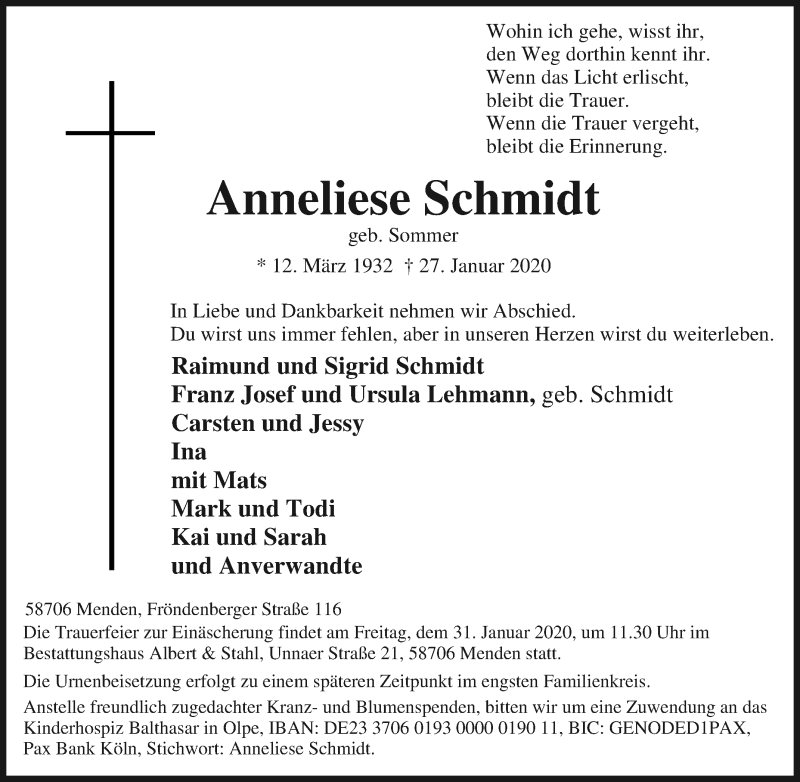  Traueranzeige für Anneliese Schmidt vom 28.01.2020 aus Tageszeitung