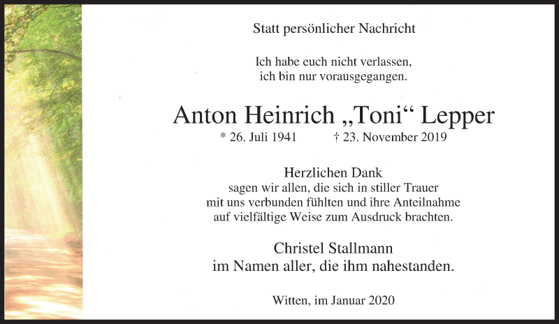  Traueranzeige für Anton Heinrich Lepper vom 04.01.2020 aus Tageszeitung