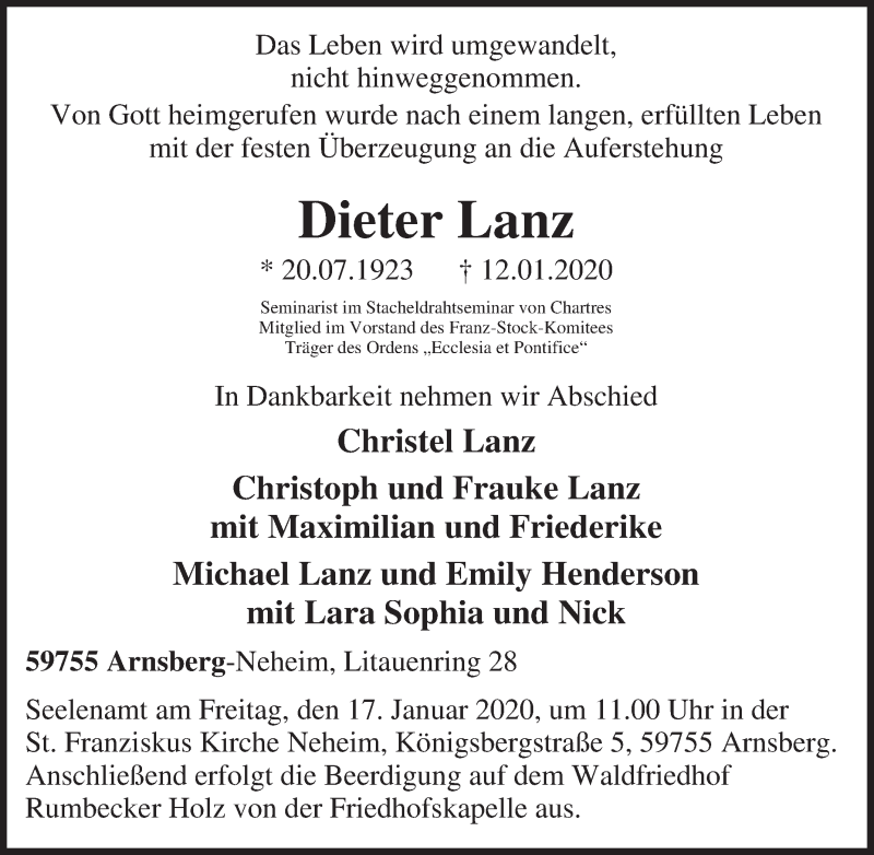  Traueranzeige für Dieter Lanz vom 14.01.2020 aus Tageszeitung
