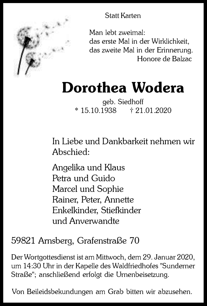  Traueranzeige für Dorothea Wodera vom 25.01.2020 aus Tageszeitung