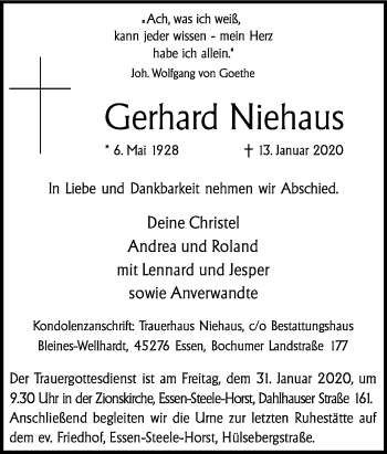 Traueranzeige von Gerhard Niehaus von Tageszeitung