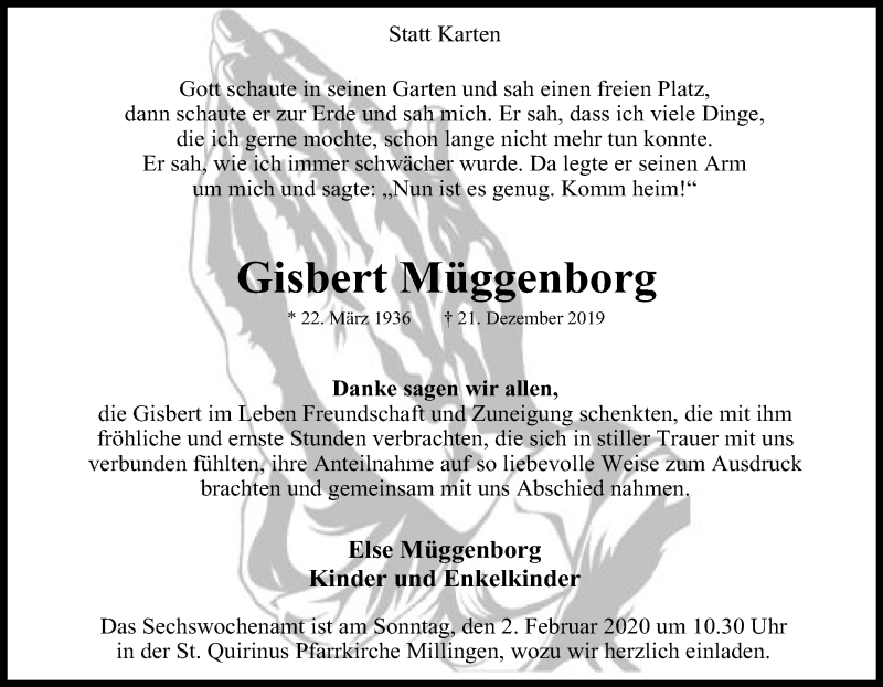  Traueranzeige für Gisbert Müggenborg vom 25.01.2020 aus Tageszeitung