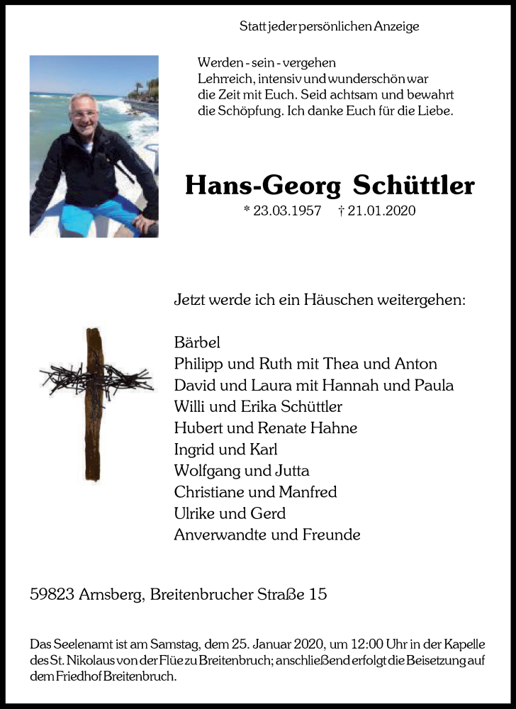  Traueranzeige für Hans-Georg Schüttler vom 23.01.2020 aus Tageszeitung