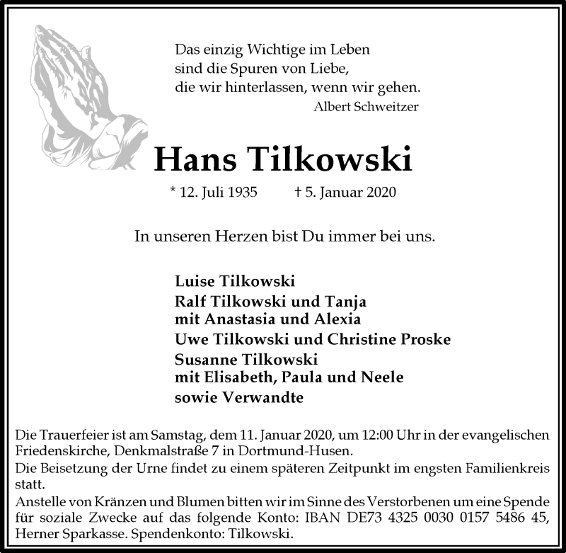  Traueranzeige für Hans Tilkowski vom 08.01.2020 aus Tageszeitung