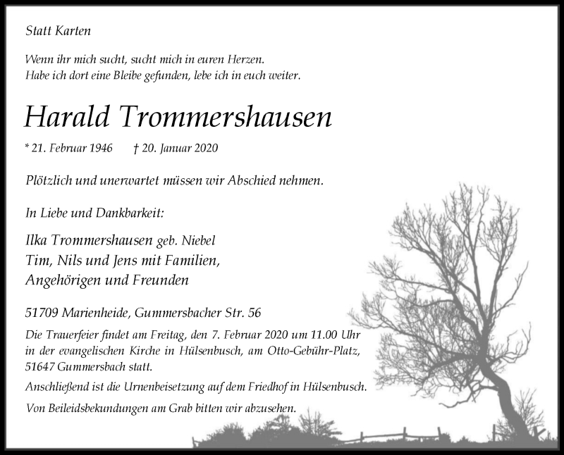  Traueranzeige für Harald Trommershausen vom 25.01.2020 aus Tageszeitung