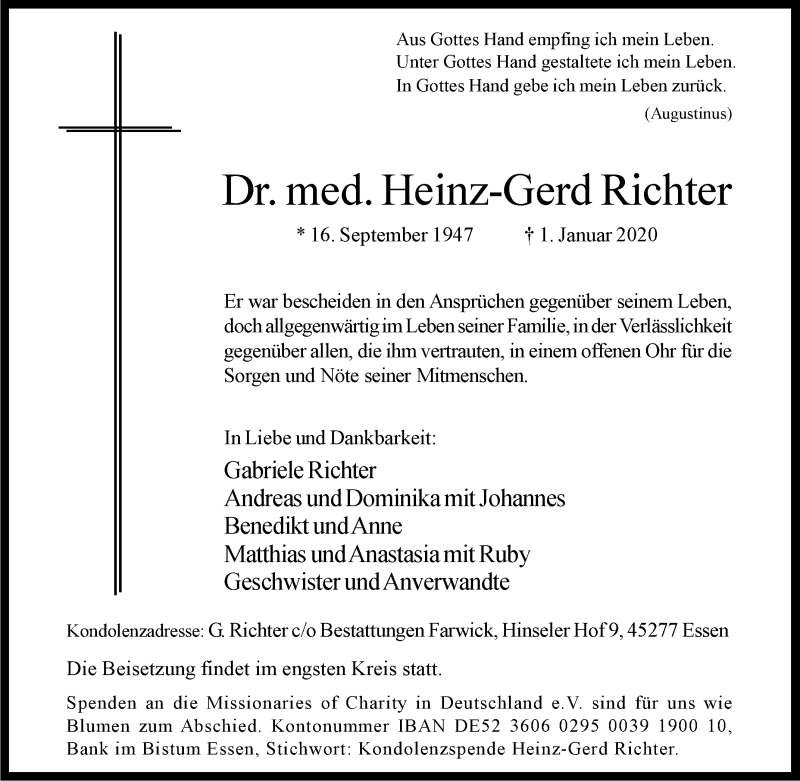  Traueranzeige für Heinz-Gerd Richter vom 11.01.2020 aus Tageszeitung