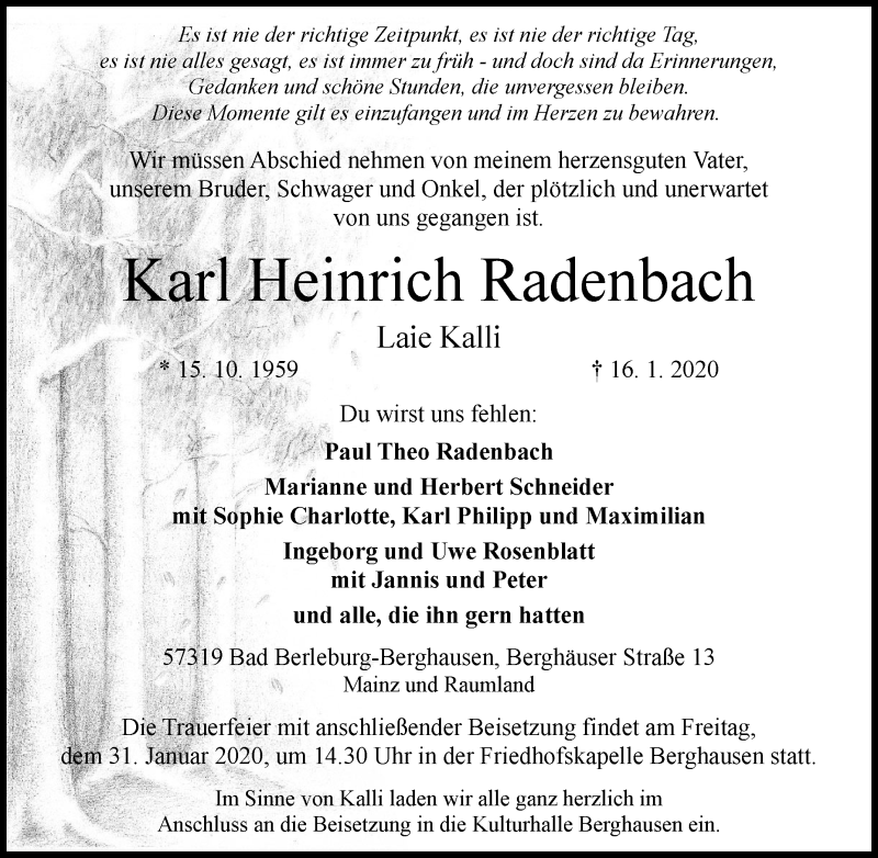 Traueranzeige für Karl Heinrich Radenbach vom 21.01.2020 aus Tageszeitung