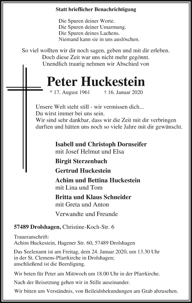  Traueranzeige für Peter Huckestein vom 20.01.2020 aus Tageszeitung