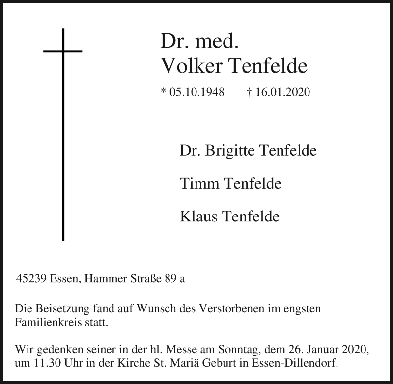  Traueranzeige für Volker Tenfelde vom 25.01.2020 aus Tageszeitung