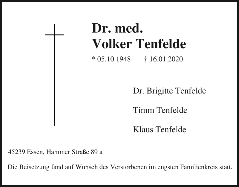  Traueranzeige für Volker Tenfelde vom 31.01.2020 aus Tageszeitung