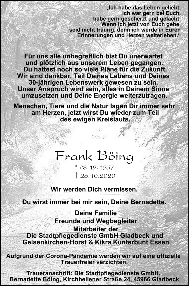  Traueranzeige für Frank Böing vom 31.10.2020 aus Tageszeitung