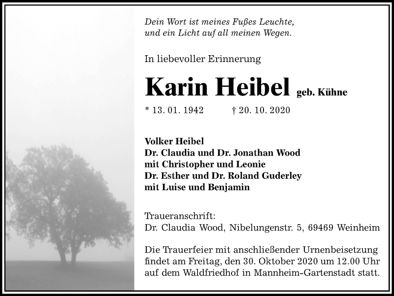  Traueranzeige für Karin Heibel vom 24.10.2020 aus Tageszeitung