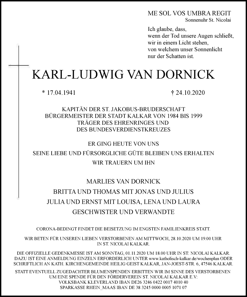  Traueranzeige für Karl-Ludwig van Dornick vom 28.10.2020 aus Tageszeitung