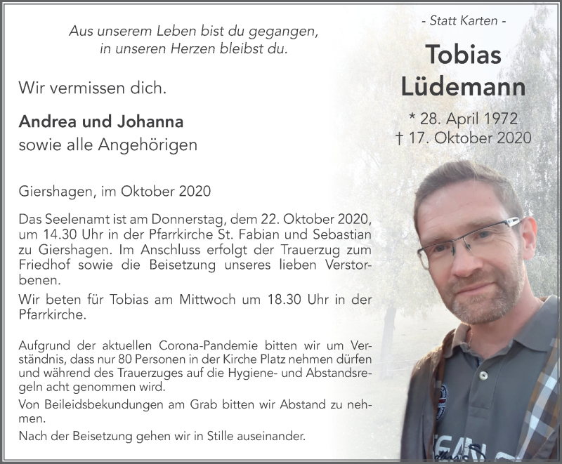  Traueranzeige für Tobias Lüdemann vom 20.10.2020 aus Tageszeitung
