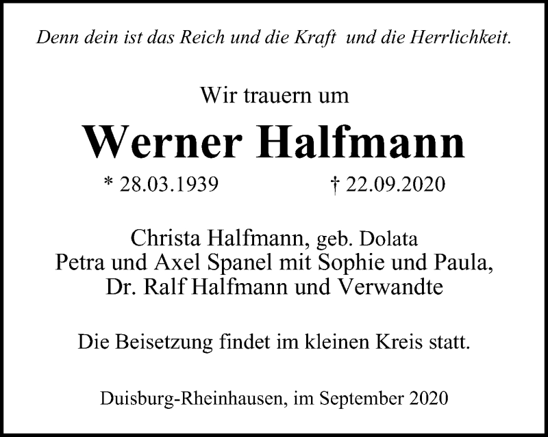  Traueranzeige für Werner Halfmann vom 03.10.2020 aus waz