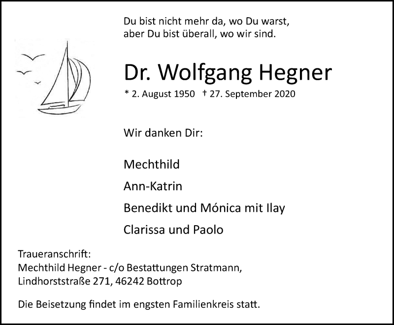  Traueranzeige für Wolfgang Hegner vom 07.10.2020 aus Tageszeitung