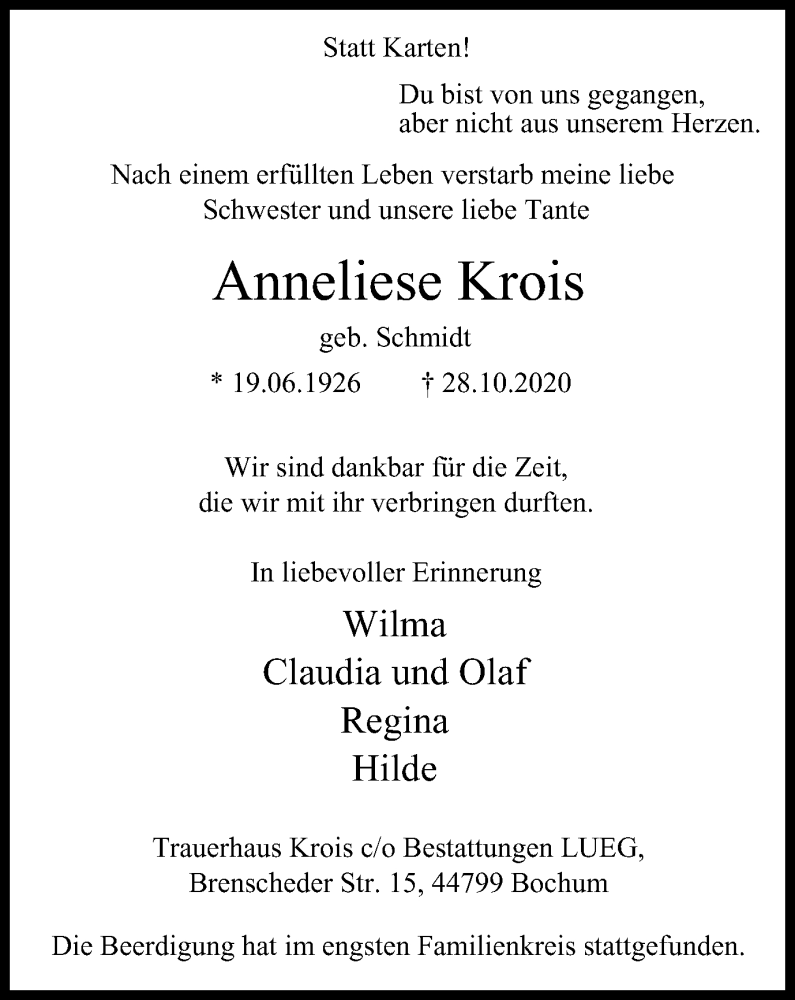  Traueranzeige für Anneliese Krois vom 18.11.2020 aus Tageszeitung