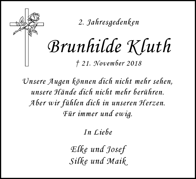  Traueranzeige für Brunhilde Kluth vom 21.11.2020 aus Tageszeitung
