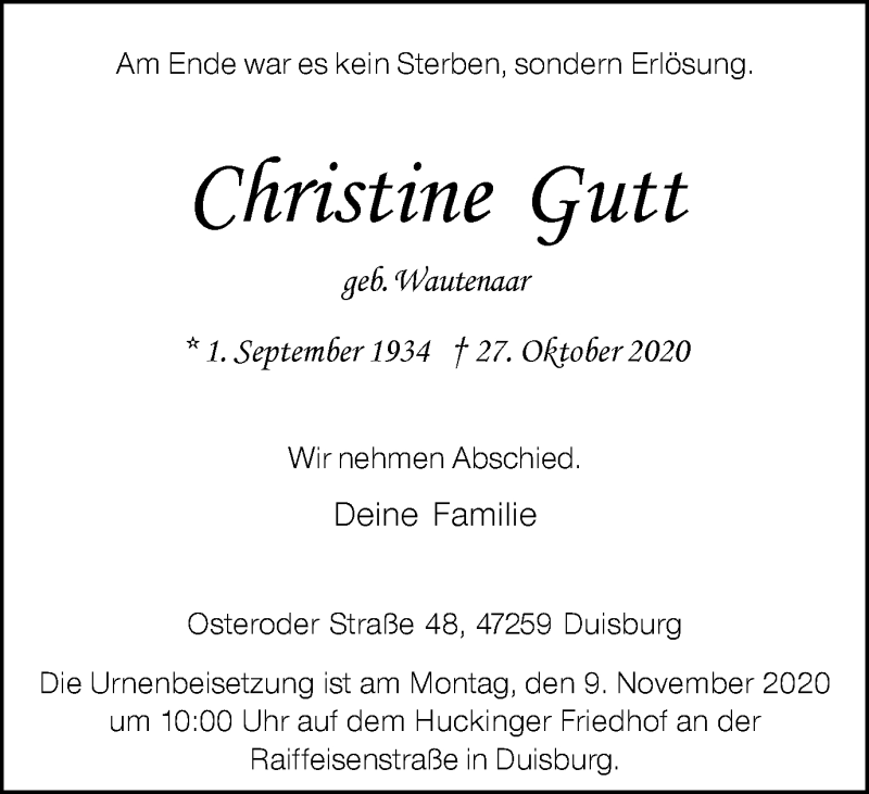  Traueranzeige für Christine Gutt vom 04.11.2020 aus Tageszeitung
