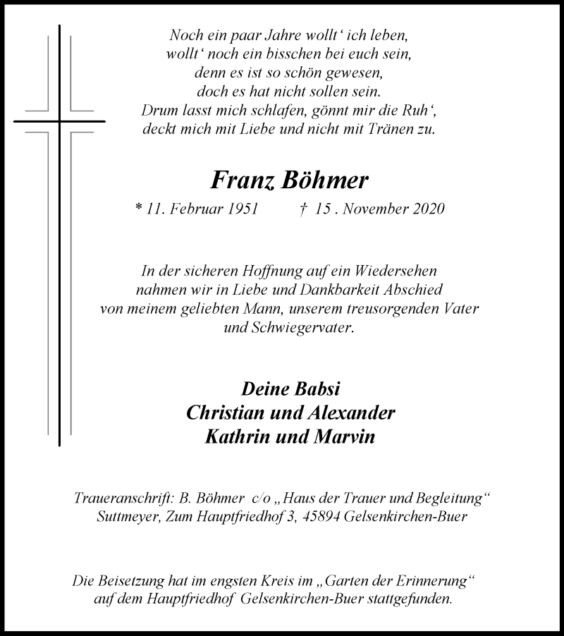  Traueranzeige für Franz Böhmer vom 21.11.2020 aus Tageszeitung