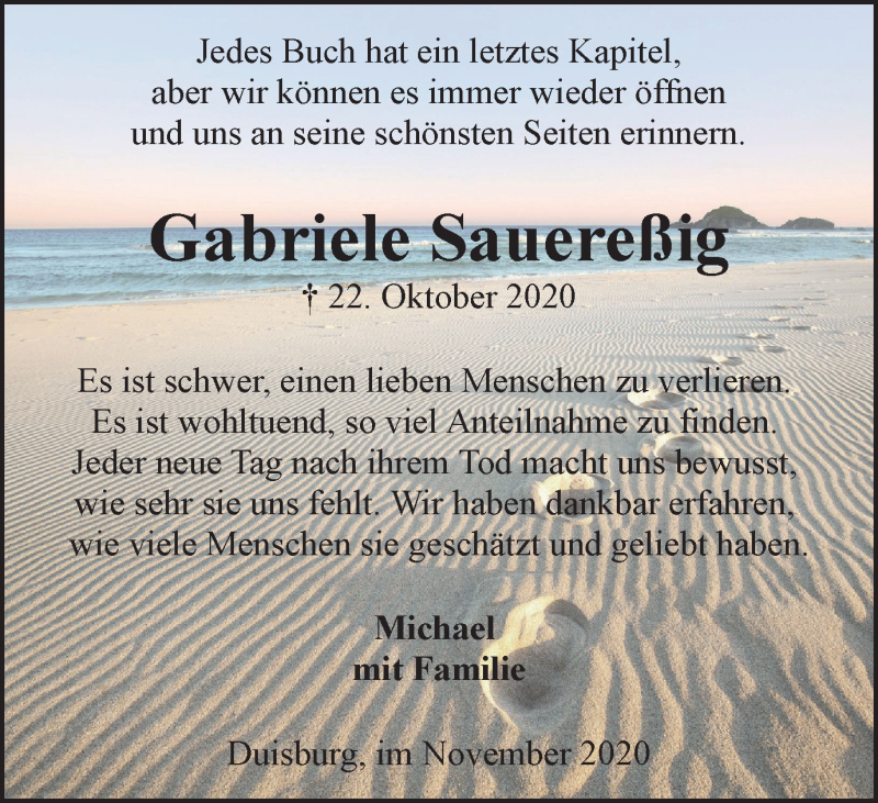  Traueranzeige für Gabriele Sauereßig vom 28.11.2020 aus Tageszeitung