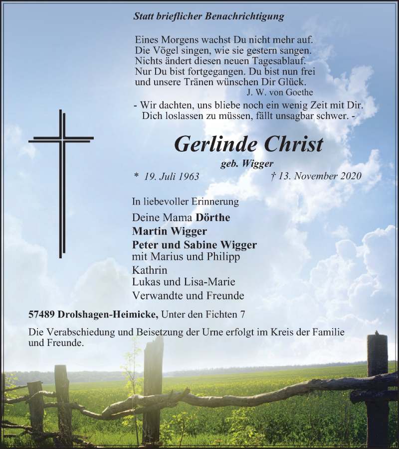  Traueranzeige für Gerlinde Christ vom 21.11.2020 aus waz