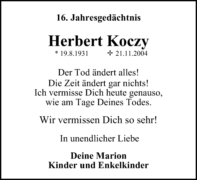  Traueranzeige für Herbert Koczy vom 21.11.2020 aus Tageszeitung