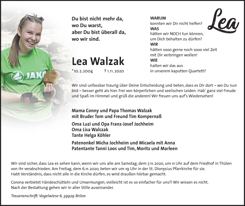  Traueranzeige für Lea Walzak vom 05.11.2020 aus Tageszeitung