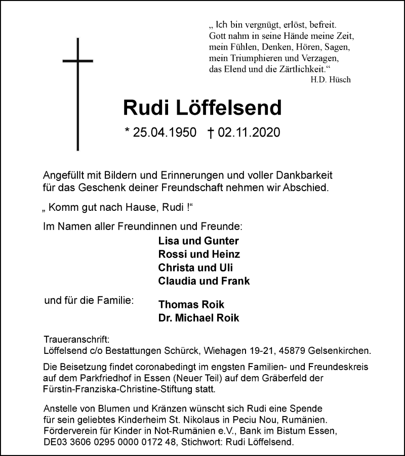  Traueranzeige für Rudi Löffelsend vom 04.11.2020 aus Tageszeitung