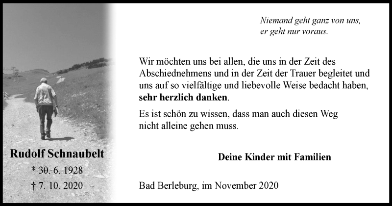  Traueranzeige für Rudolf Schnaubelt vom 28.11.2020 aus Tageszeitung