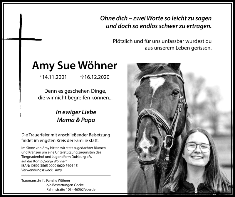  Traueranzeige für Amy Sue Wöhner vom 22.12.2020 aus Tageszeitung