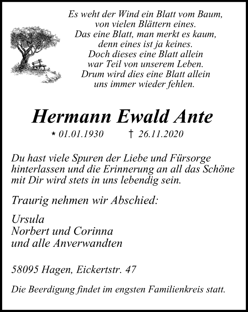  Traueranzeige für Hermann Ewald Ante vom 05.12.2020 aus Tageszeitung
