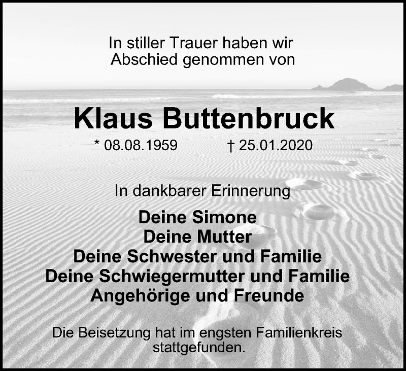 Traueranzeige für Klaus Buttenbruck vom 01.02.2020 aus Tageszeitung