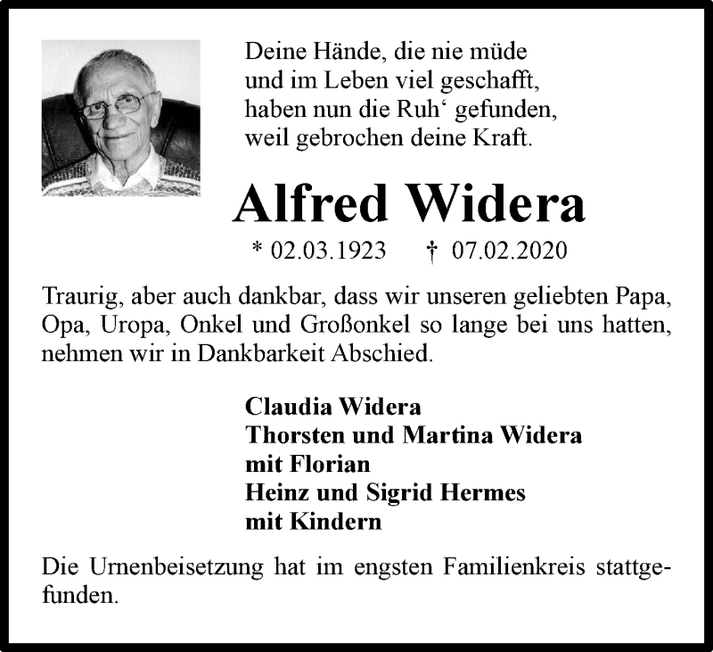  Traueranzeige für Alfred Widera vom 15.02.2020 aus Tageszeitung