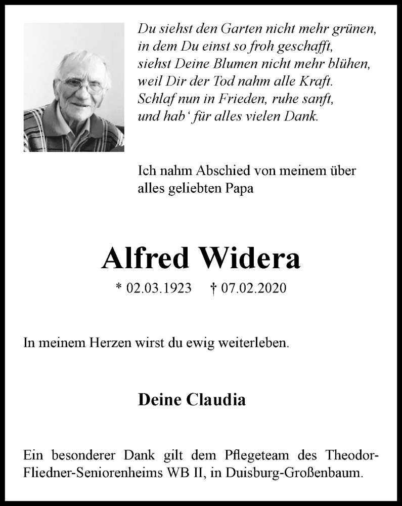  Traueranzeige für Alfred Widera vom 22.02.2020 aus Tageszeitung