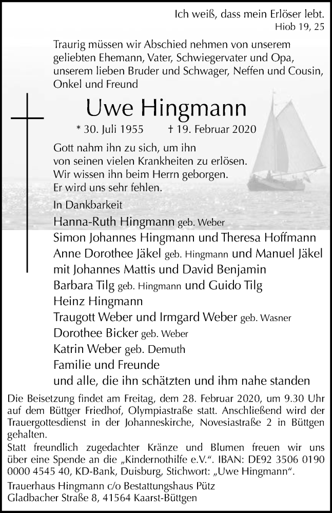  Traueranzeige für Uwe Hingmann vom 22.02.2020 aus Tageszeitung