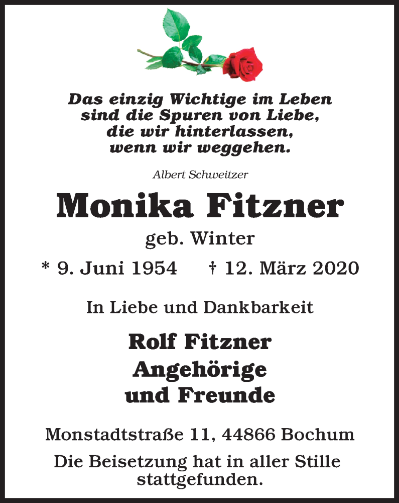 Traueranzeige für Monika Fitzner vom 21.03.2020 aus Tageszeitung