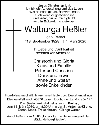 Traueranzeige von Walburga Heßler von Tageszeitung
