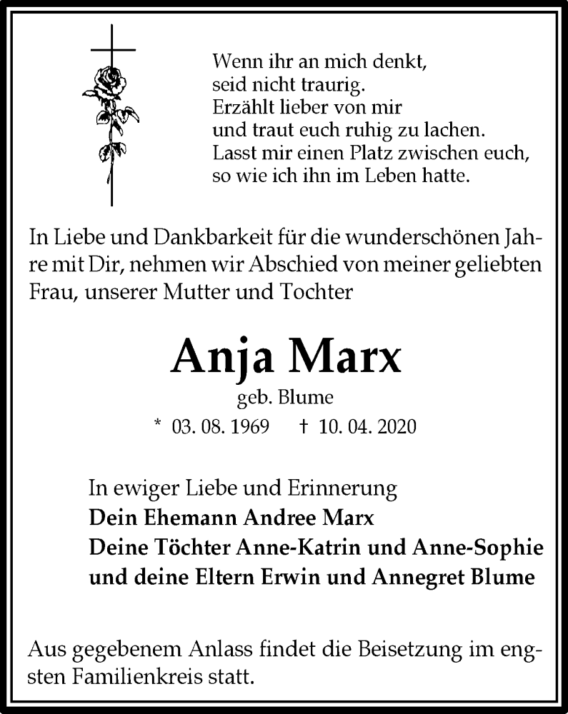  Traueranzeige für Anja Marx vom 15.04.2020 aus Tageszeitung