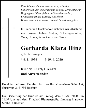 Traueranzeige von Gerharda Klara Hinz von Tageszeitung