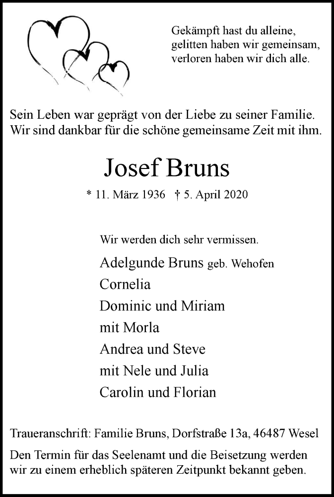  Traueranzeige für Josef Bruns vom 09.04.2020 aus Tageszeitung