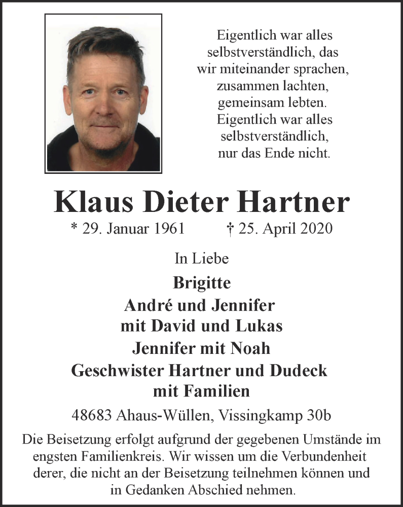  Traueranzeige für Klaus Dieter Hartner vom 29.04.2020 aus Tageszeitung