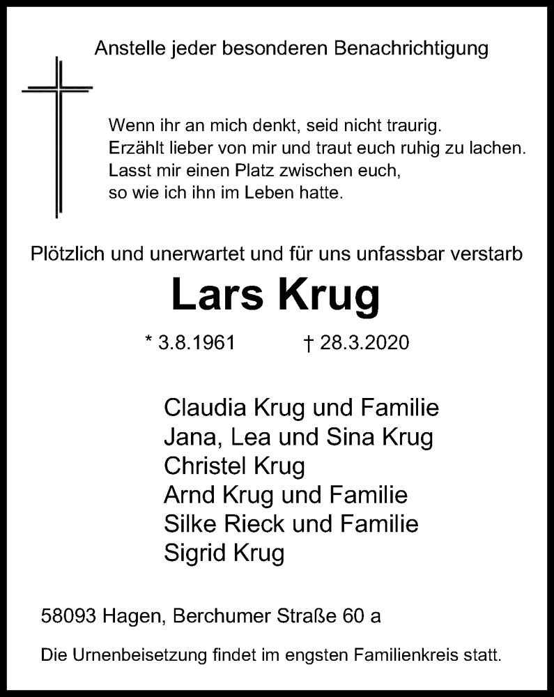  Traueranzeige für Lars Krug vom 01.04.2020 aus Tageszeitung