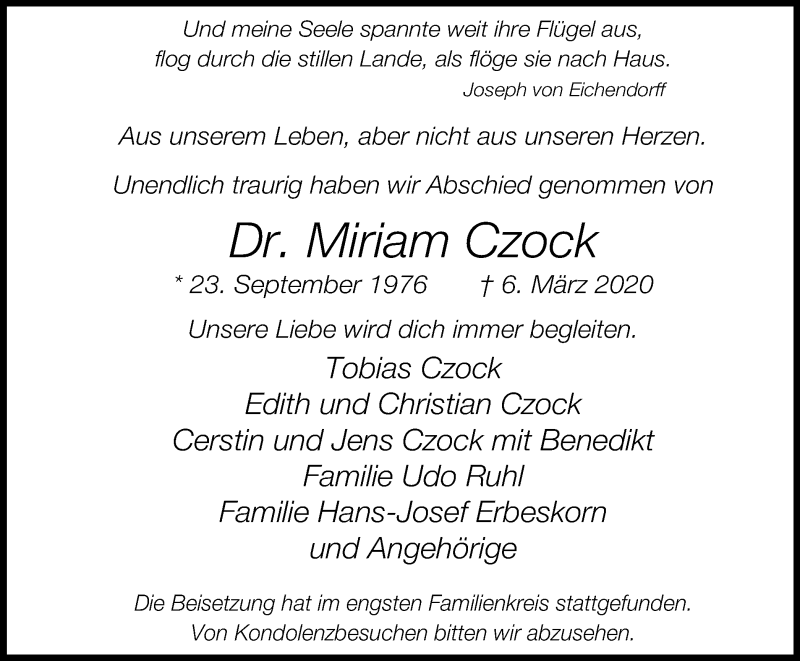  Traueranzeige für Miriam Czock vom 04.04.2020 aus waz