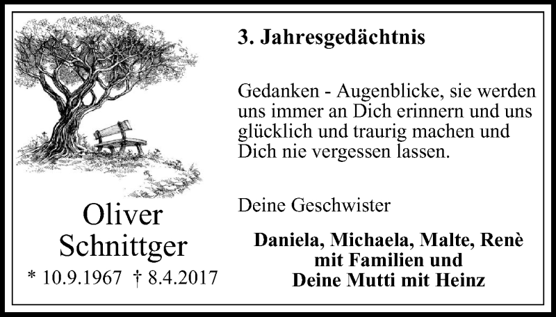  Traueranzeige für Oliver Schnittger vom 08.04.2020 aus Tageszeitung