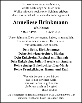 Traueranzeige von Anneliese Brinkmann von Tageszeitung