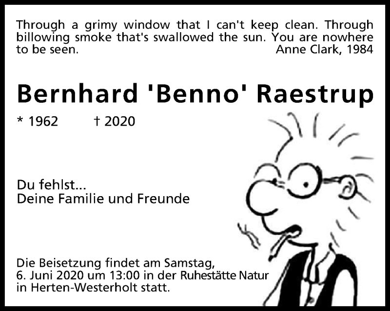  Traueranzeige für Bernhard Raestrup vom 29.05.2020 aus Tageszeitung
