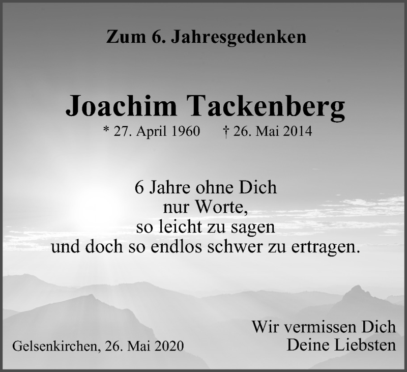  Traueranzeige für Joachim Tackenberg vom 26.05.2020 aus Tageszeitung