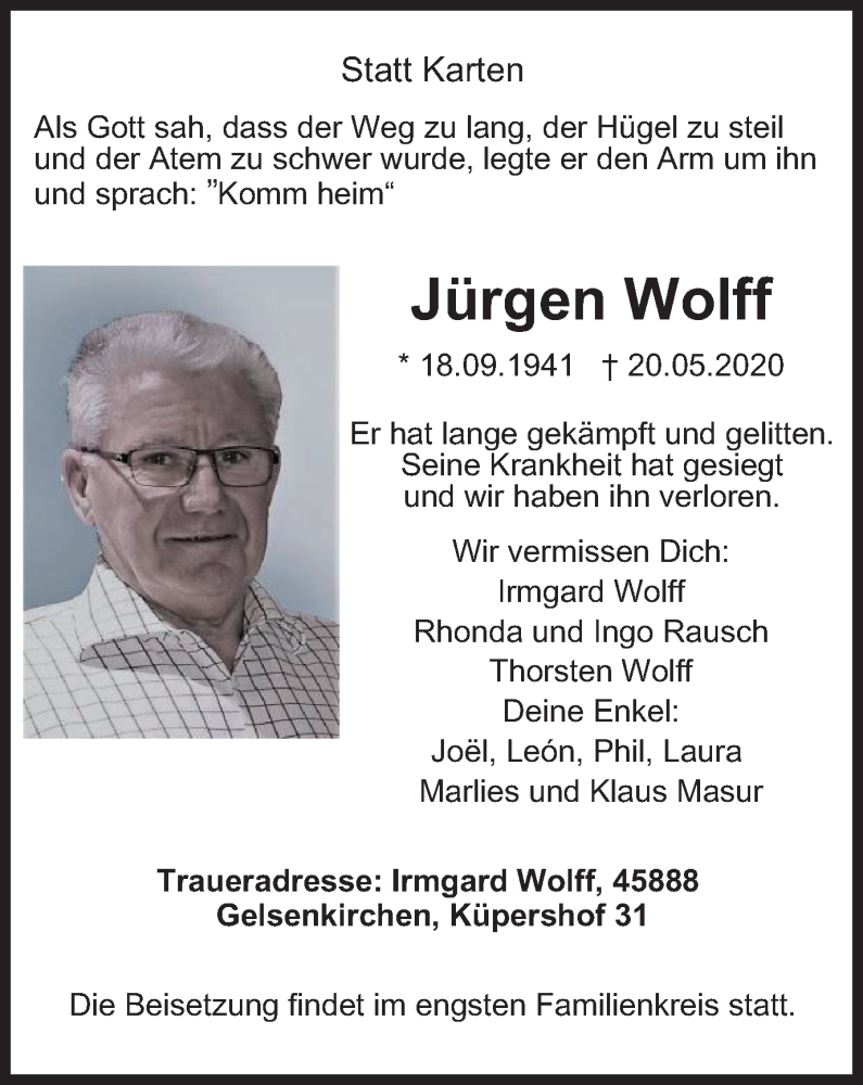  Traueranzeige für Jürgen Wolff vom 23.05.2020 aus Tageszeitung