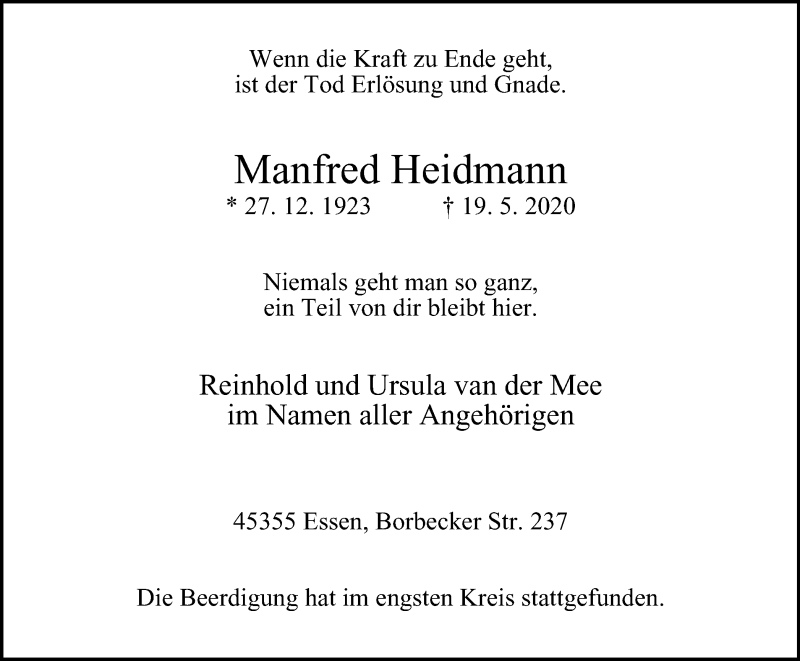  Traueranzeige für Manfred Heidmann vom 26.05.2020 aus Tageszeitung